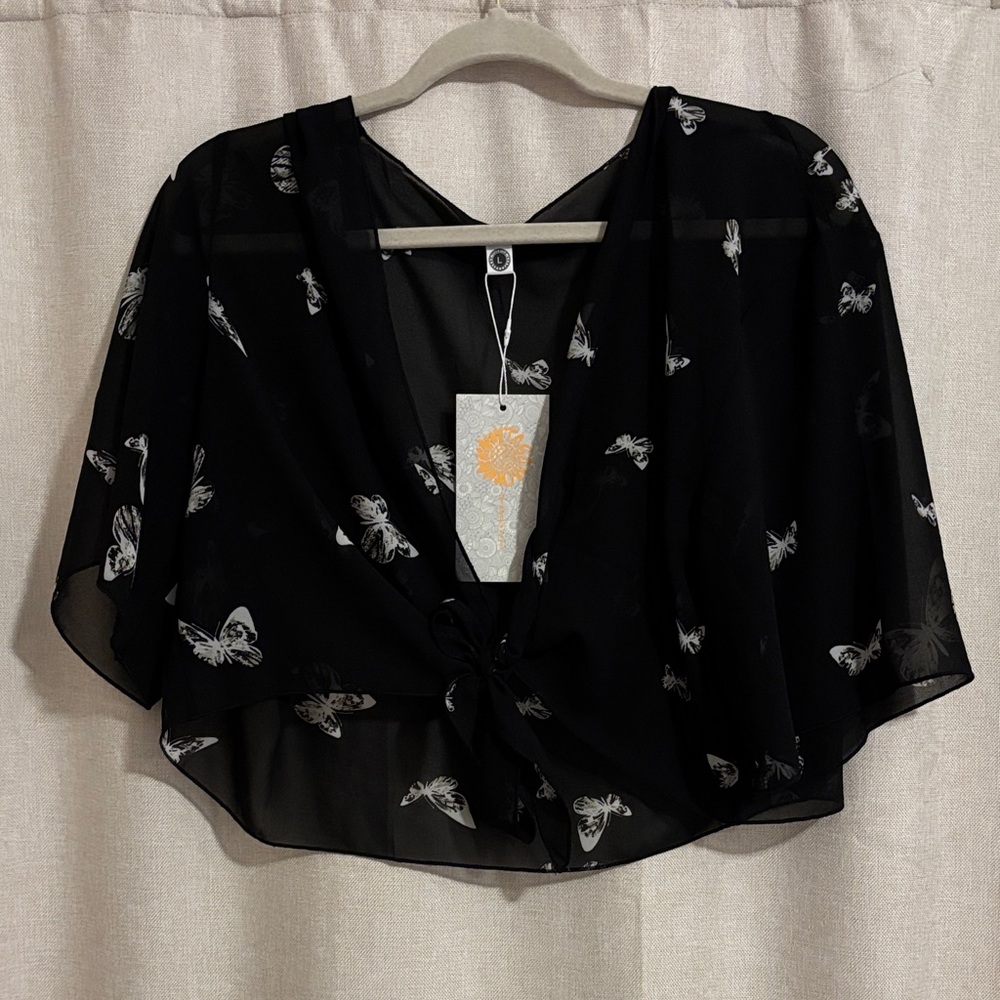 Black Sheer Butterfly Print Women's Short Sleeve Tie Shawl